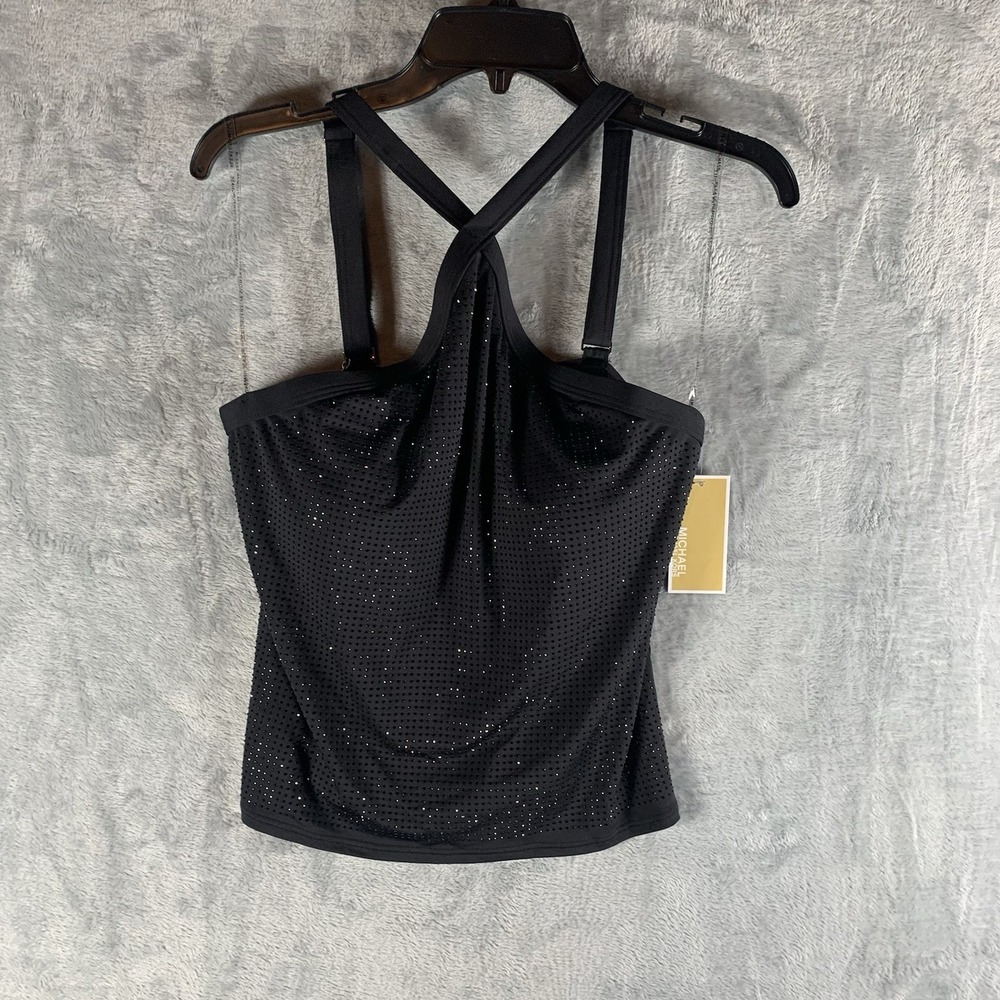 Michael Kors Swim Women's Tankini Top L Studded Rhinestones TIe High Neck‎ Black